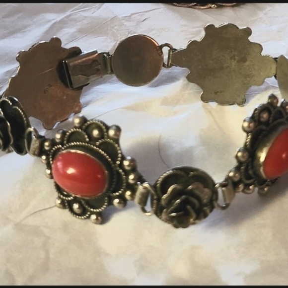 Vtg PLP Iguala Mexico Sterling Silver Red Coral Rose Link Bracelet - Picture 2 of 7